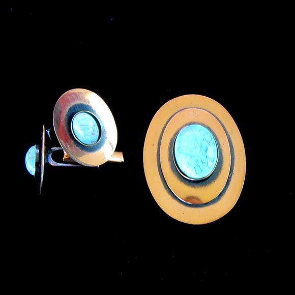 Vintage copper & turquoise brooch/pendant & cufflink set - unisex -MCM to Modern - Picture 3 of 9